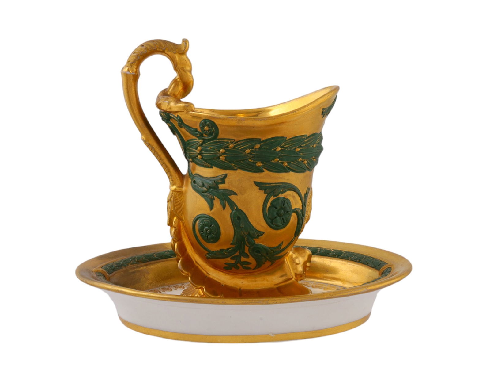 A FRENCH SEVRES GILT PORCELAIN CUP AND SAUCER, 19TH CEN. (1 of 6)