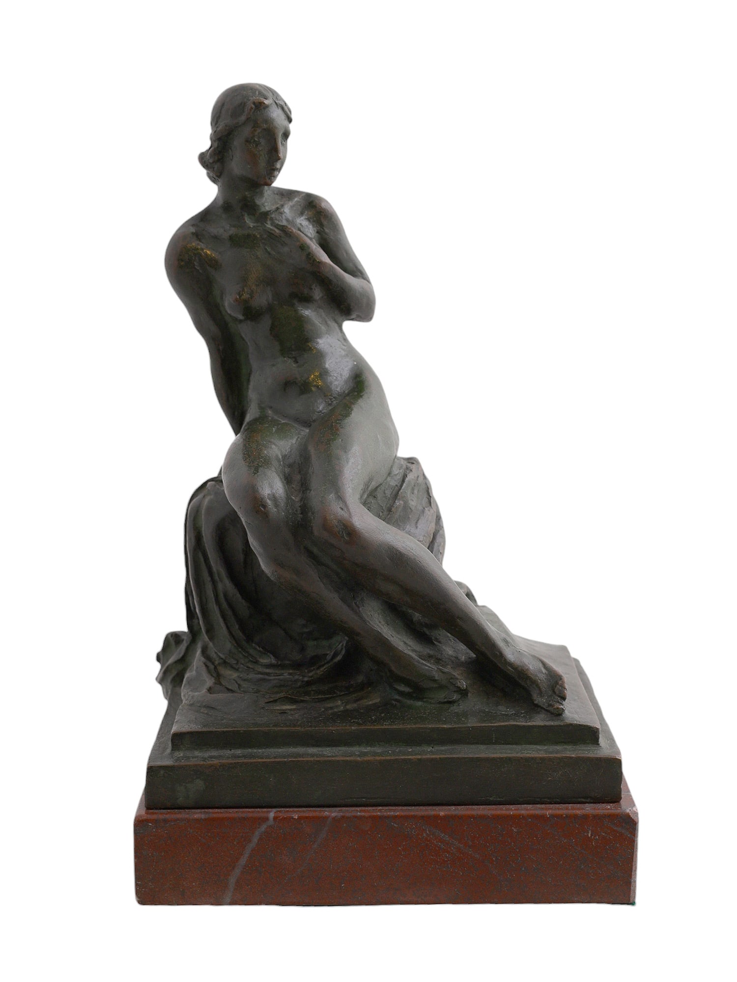 A M. KALISH, HUNGARIAN, SEATED NUDE FEMALE BRONZE, 20 CEN: Max Kalish, "Anna", Seated Nude Patinated Bronze Sculpture, 1934. Signed on the back. Provenance: The Collection of William Cervera (5/31/51 - 3/15/22), New York. H: 9 7/8 in., (25 cm.)