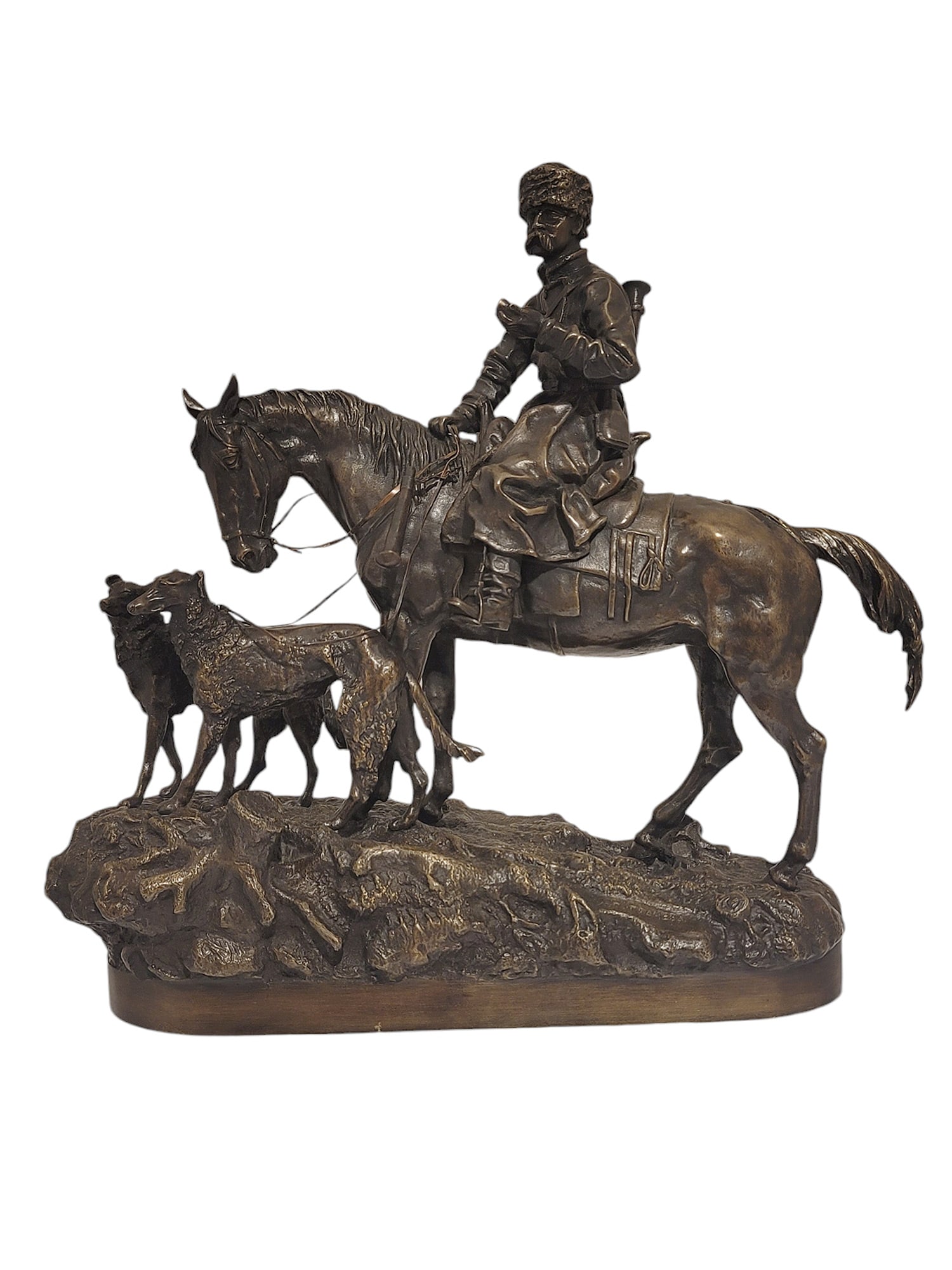 A RUSSIAN BRONZE GROUPING BY GRACHEV "RETURN FROM THE HUNT", 1877: Titled "The Return from the Hunt", a bronze figural grouping, cast by Woerffel, St. Petersburg, after the model by Vasily Grachev (1831-1905), ca. 1877. Inscribed on the base: "Fabr. C.F. Woerffel / S