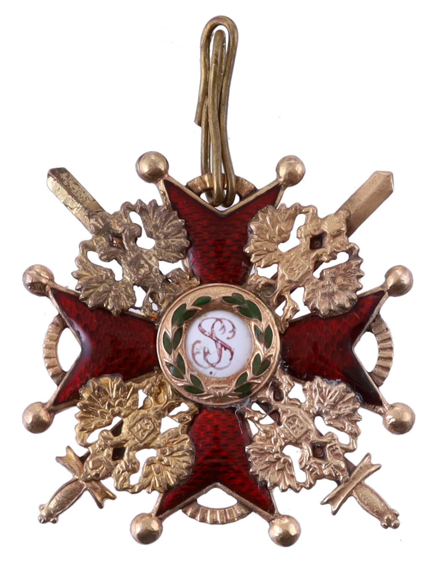A RUSSIAN IMPERIAL ORDER OF ST. STANISLAUS 3RD CLASS, 19TH CENTURY: A Military Division Order in gilt-silver construction with multi-color enamel. Hallmarked on the bottom reverse cross ray: "K", "DO" in Cyrillic. The order was Instituted on 7 May 1765 by Stanis?aw II