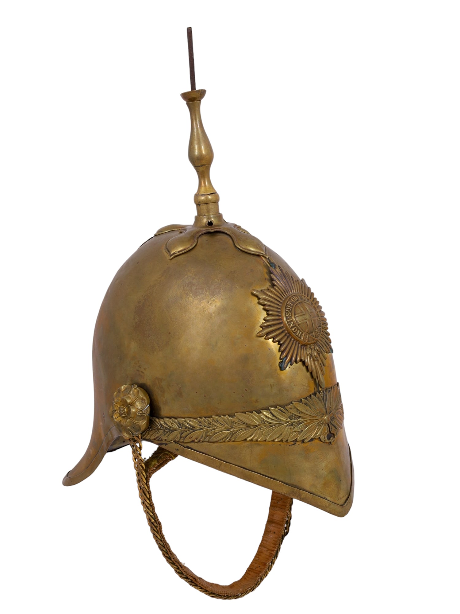 A BRITISH HOUSEHOLD CAVALRY LIFE GUARD HELMET: Life Guards Troopers Full Dress helmet issue Household Cavalry Queens Crown troopers, it has a brass skull with brass trim, a large Queens crown badge with Star of the Order of the Garter to the cente