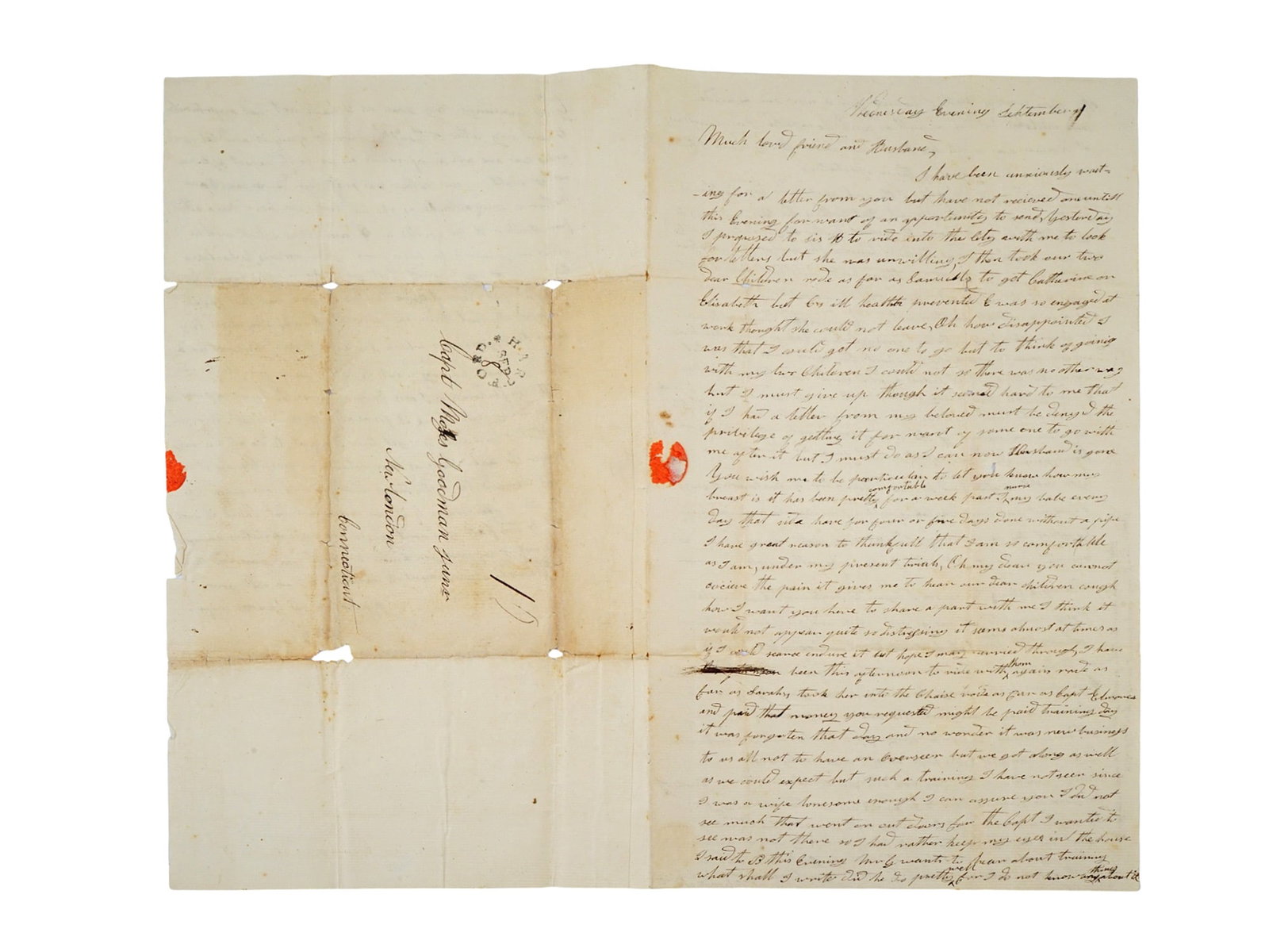 A WAR OF 1812 LETTER TO CAPT. MOSES GOODMAN JR., CA. 1813: A letter sent to a certain Captain Moses Goodman Jr. during the war of 1812 by his wife Prudence concerning matters back home and her concerns for his safety. By at least 1814 Captain Goodman had come