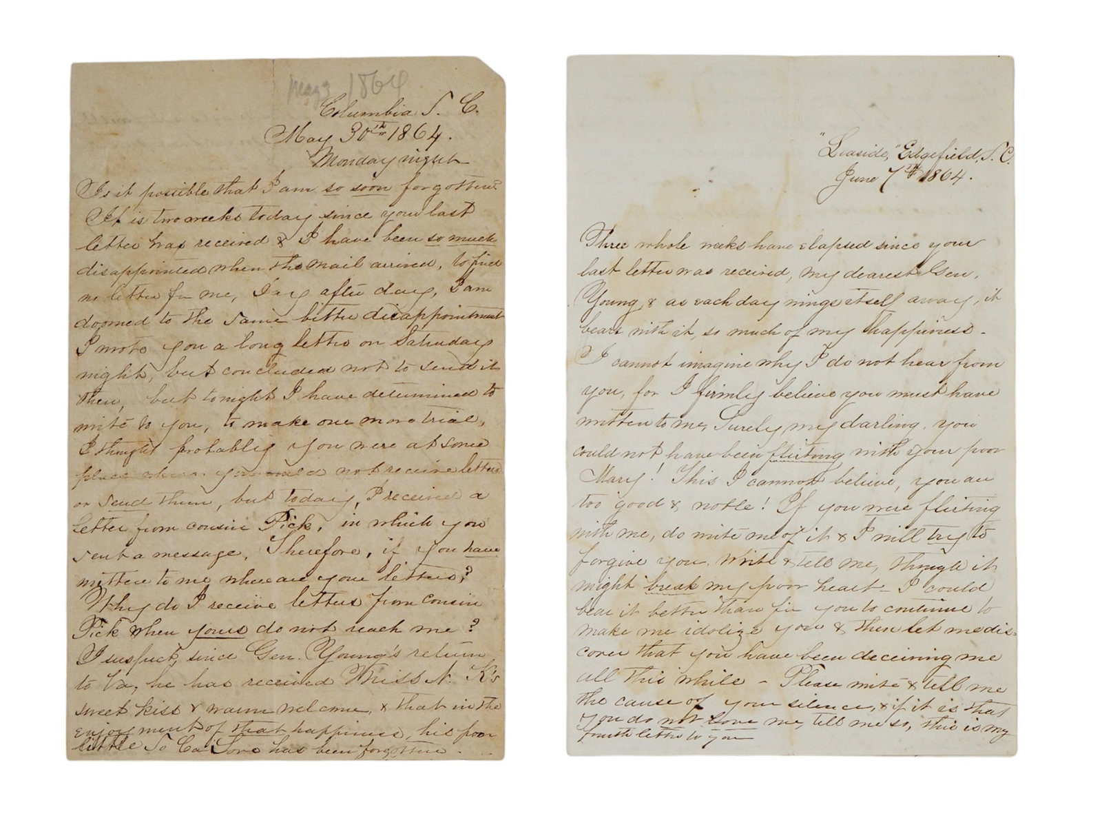 A PAIR OF CIVIL WAR LOVE LETTERS TO MAJ. GEN. PIERCE M. B. YOUNG, CA. 1864: A pair of love letters sent to Confederate Major General Pierce M. B. Young during the 'Wilderness Campaign' by a certain Mary Carroll Brooks, daughter of the infamous U.S. Congressman Preston Smith B