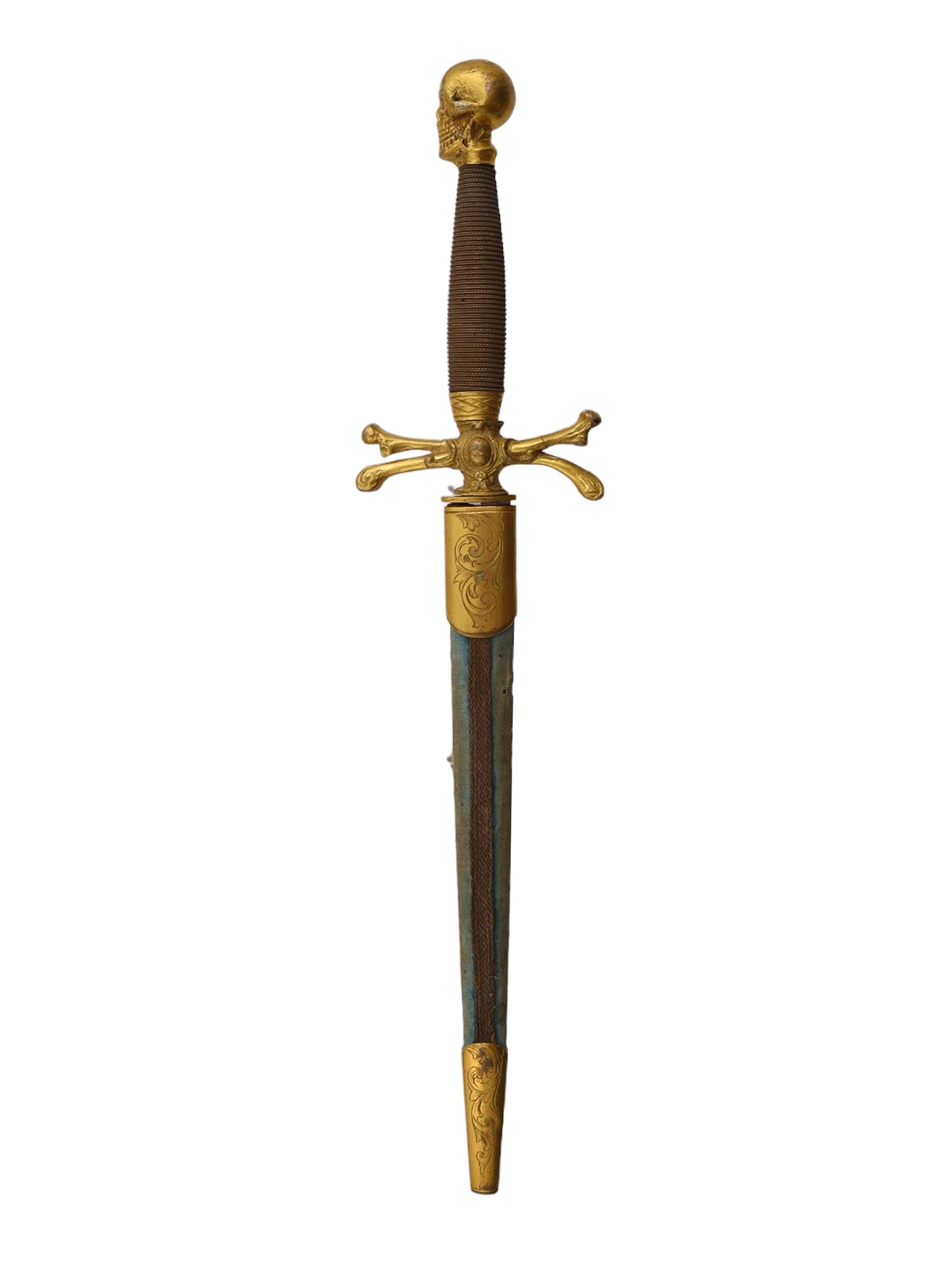 A SCARCE MASONIC DAGGER WITH GILT MOUNTS, 19TH CENTURY: This morbidly ornate dagger would have once belonged to a Freemason of the 19th century. The gilt quillons are styled as two crossed bones, while the pommel is a gilt skull. The handle is wrapped with