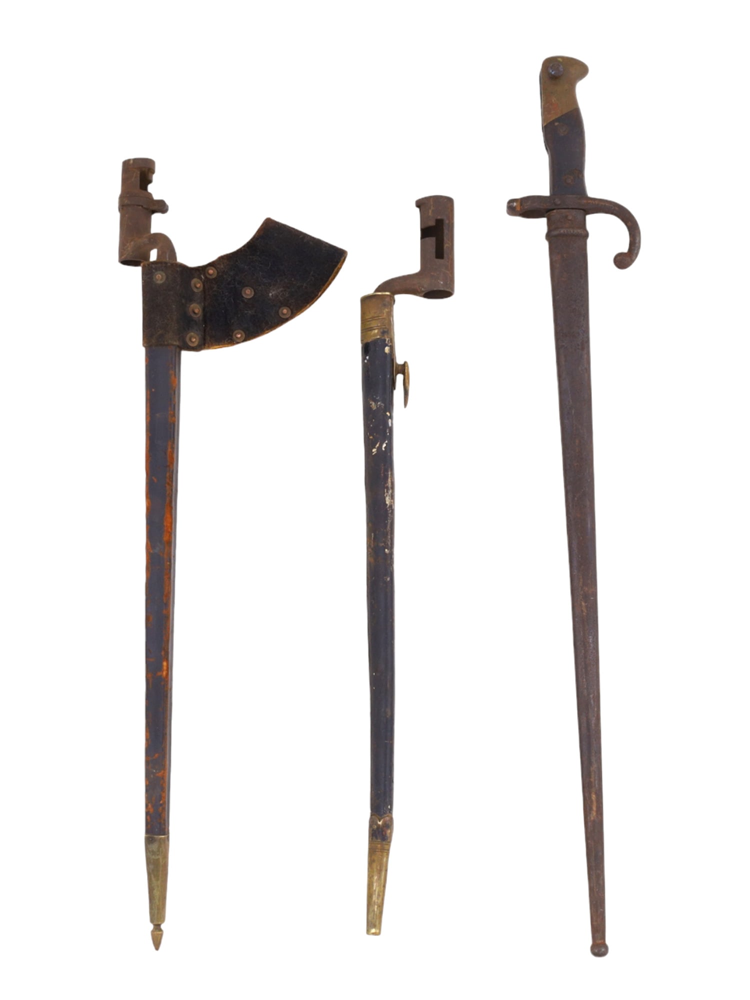 A LOT OF THREE BAYONETS, 19TH CENTURY: A lot of three bayonets with scabbard: The first bayonet is a Châtellerault M1876 French sword bayonet. Markings on the blade spine designate the name and date of the manufacturer: Manufacture d’Ar