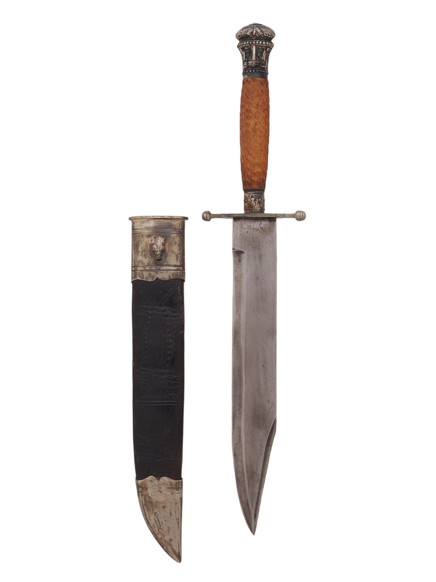 A STAG-HORN HANDLED BOWIE KNIFE WITH SILVER FITTINGS: The clip-point steel blade bears the maker's mark "EVANS & Co/12 OLD FISH ST/LONDON" on the left ricasso. The guard has two quillons ending in spherical pommels. The handle is a shaped piece of stag-h