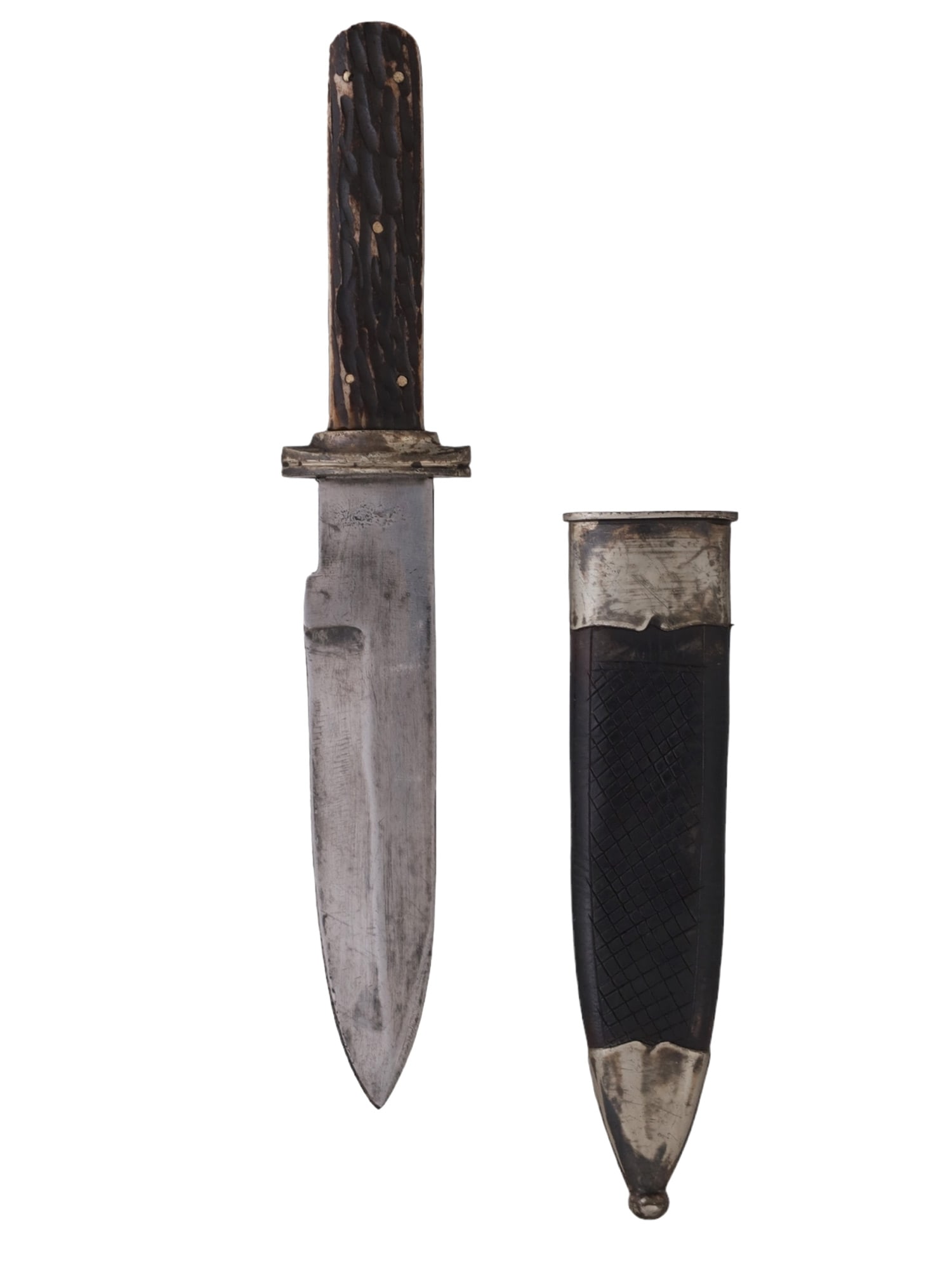 A BOWIE KNIFE WITH STAG-HORN GRIP SCALES: The steel blade bears the maker's mark "WILL & FINCK/SF CAL" on the left ricasso. The guard is a simple oval shape. The handle is formed by two stag-horn grip scales attached with brass pins. The scab