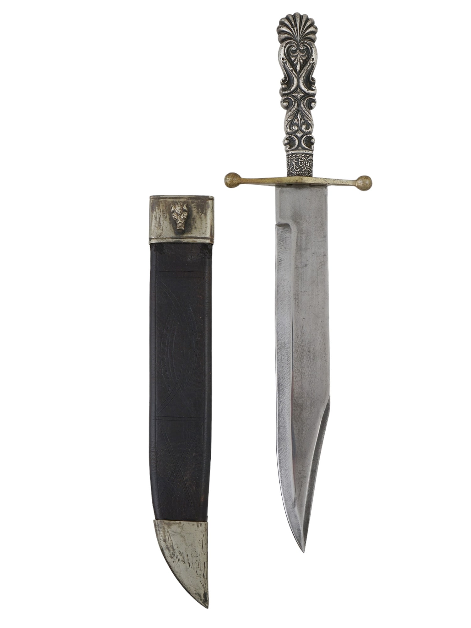A SILVER-MOUNTED AMERICAN BOWIE KNIFE BY MARKS & REES OF CINCINATTI: A bowie knife with a typical drop-point tip and engraved silver-mounted handle with filigree décor. Just above the brass cross-guard, on the ricasso, is the maker's mark of Marks & Rees. The scabbard
