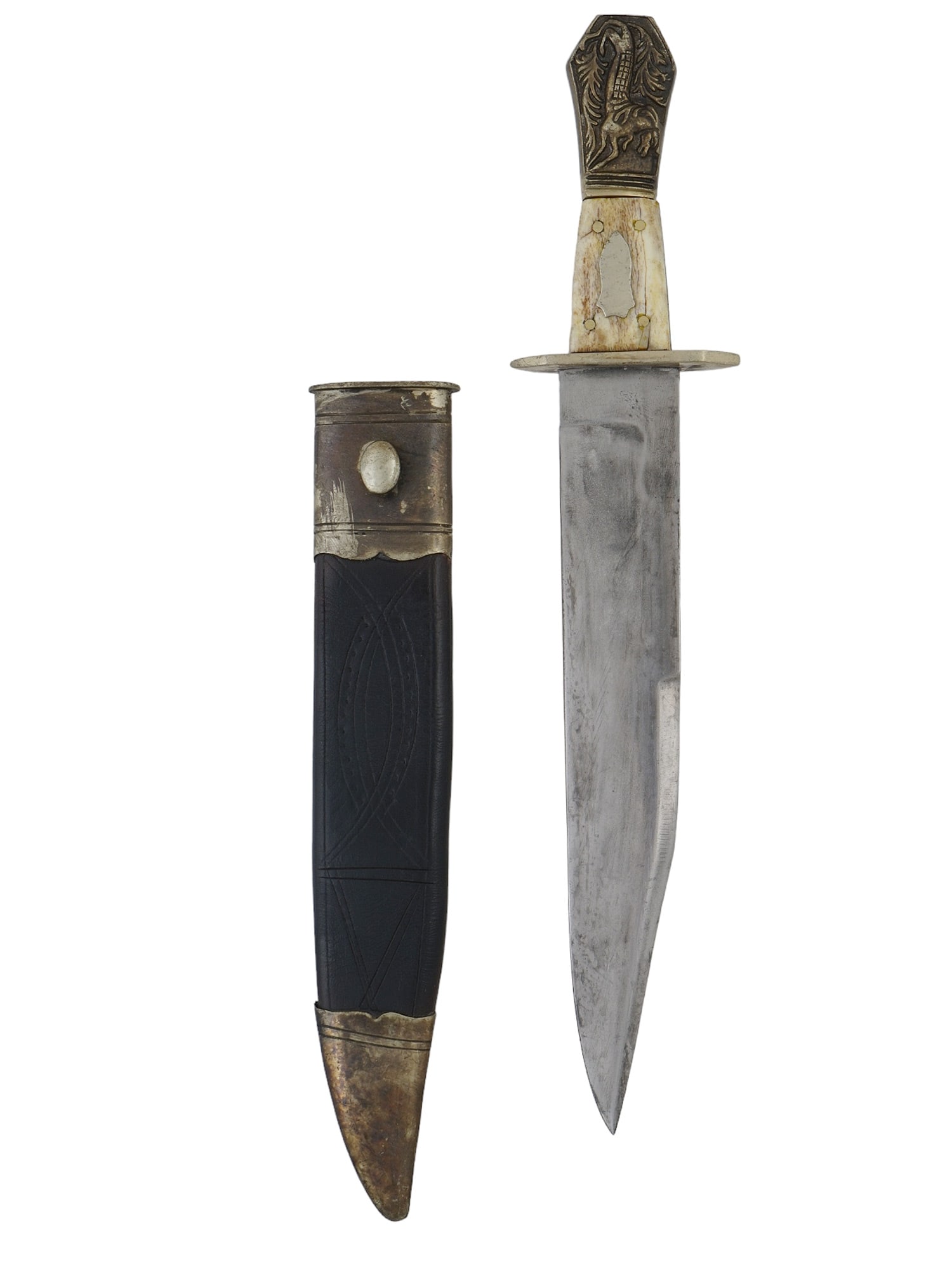 A BOWIE KNIFE WITH POLISHED HORN COFFIN-HANDLE: The steel blade bears an obscured maker's mark on the left ricasso. The guard is polished nickel or brass of a trapezoidal shape. The handle is the typical coffin-handle design with polished stag-horn