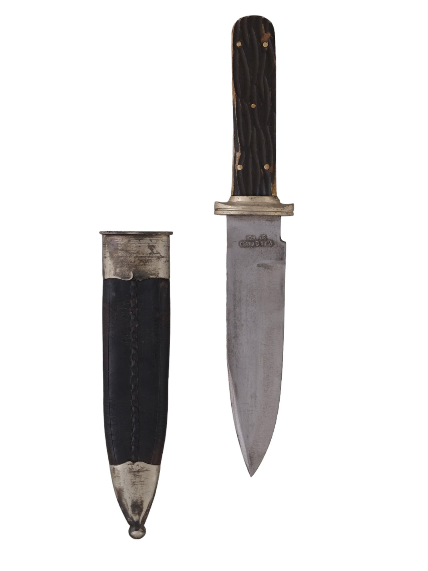 AN AMERICAN BOWIE KNIFE WITH STAG-HORN GRIP SCALES: The steel blade bears the maker's mark "WILL & FINCK/SF CAL" on the left ricasso. The guard is a simple oval shape. The handle is formed by two stag-horn grip scales attached with brass pins. The scab