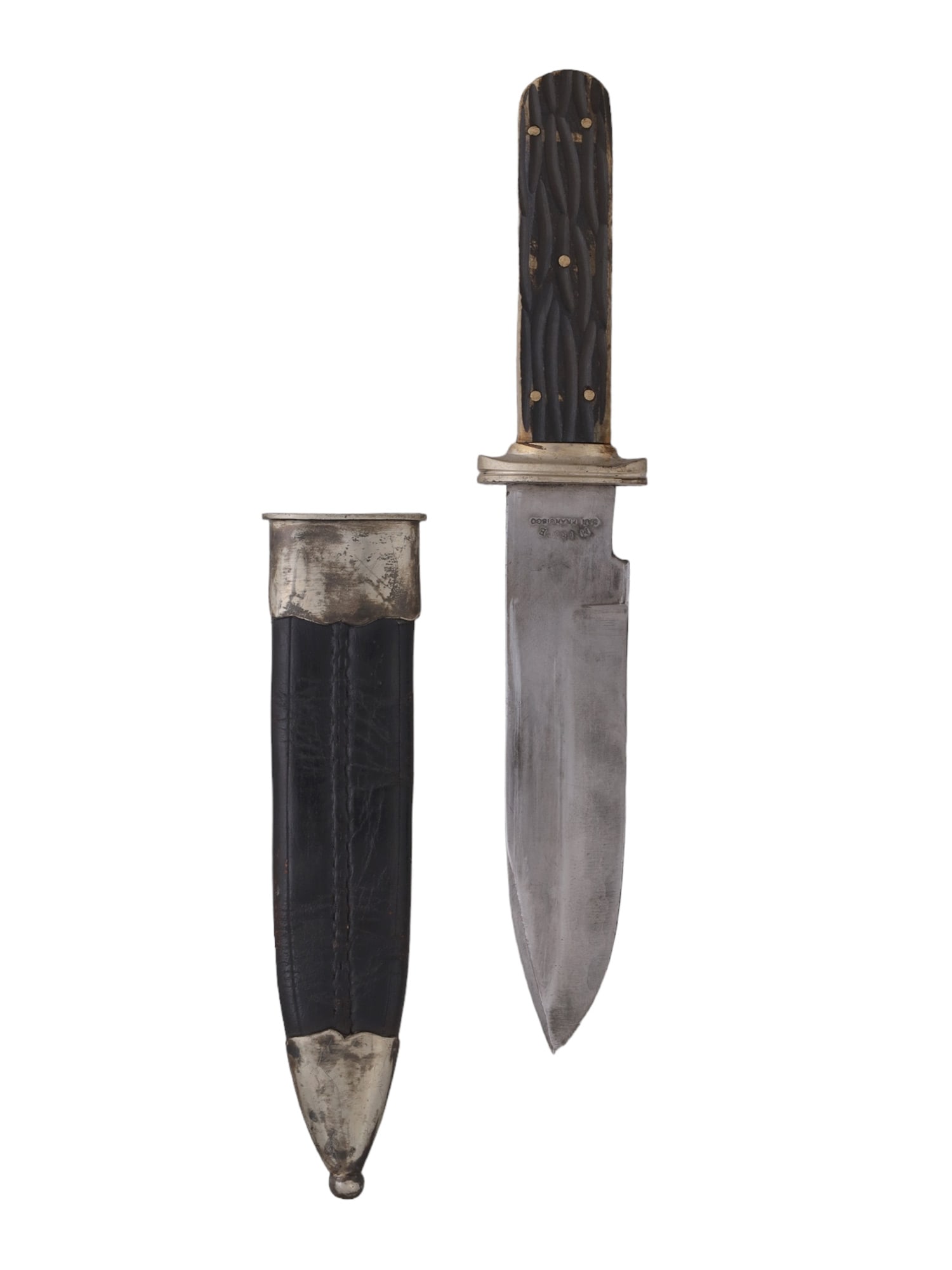 AN AMERICAN BOWIE KNIFE WITH STAG-HORN GRIP SCALES: The steel blade bears the maker's mark "M PRICE/SAN FRANCISCO" on the left ricasso. The guard is a simple oval shape. The handle is formed by two stag-horn grip scales attached with brass pins. The sc