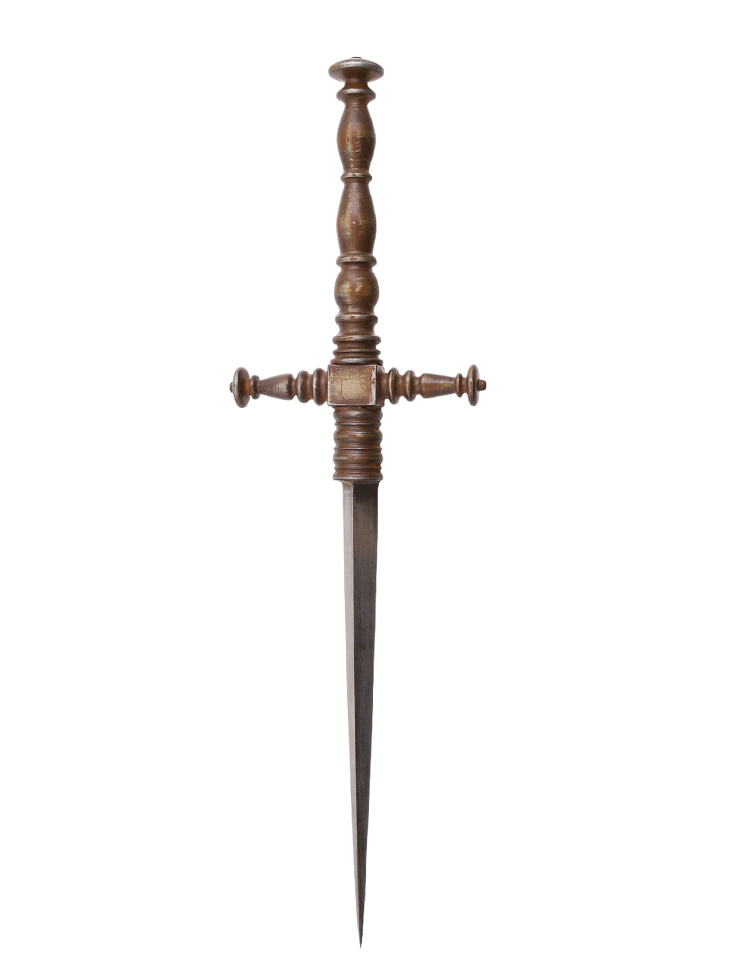 AN ITALIAN STILETTO DAGGER IN THE RENAISSANCE STYLE, 19TH CEN.: This is a stiletto dagger in the renaissance style with a triangular piercing blade. The hilt is shaped with many discs and lobes and appears to be made of browned steel or iron. There are two quillon