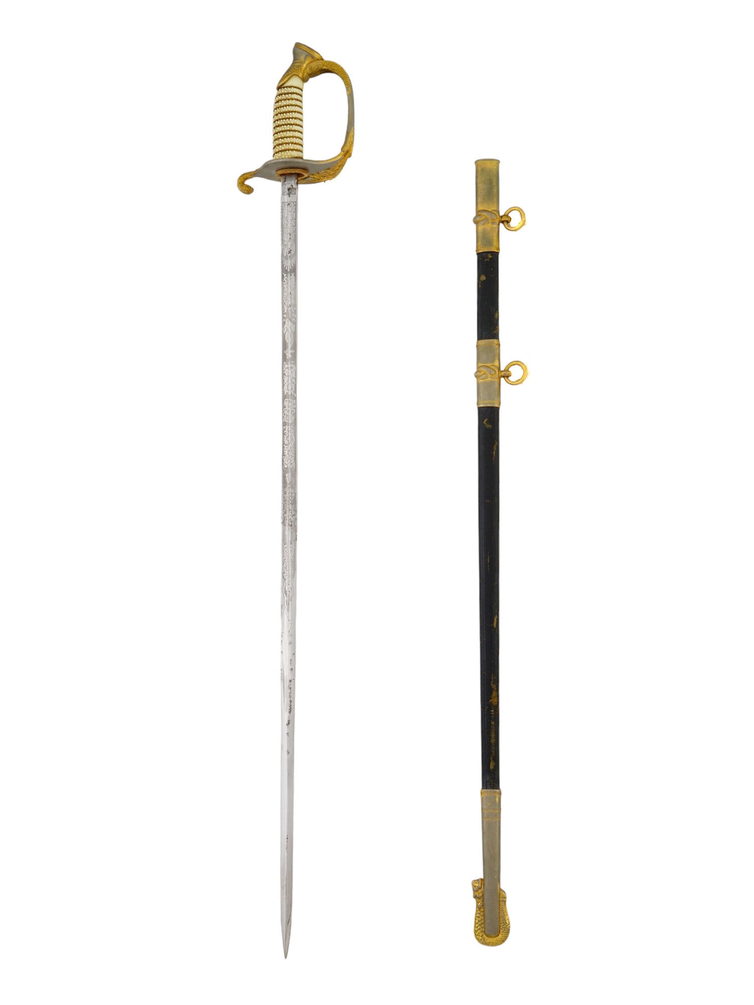 A US COAST GUARD OFFICER'S SABRE, EARLY 20TH CENTURY: A US Coast Guard Officer's sabre of the early 20th century. These swords are nearly identical to the Model 1852 Naval Officer's Sword, with the only difference being that U.S.C.G. is inscribed instead