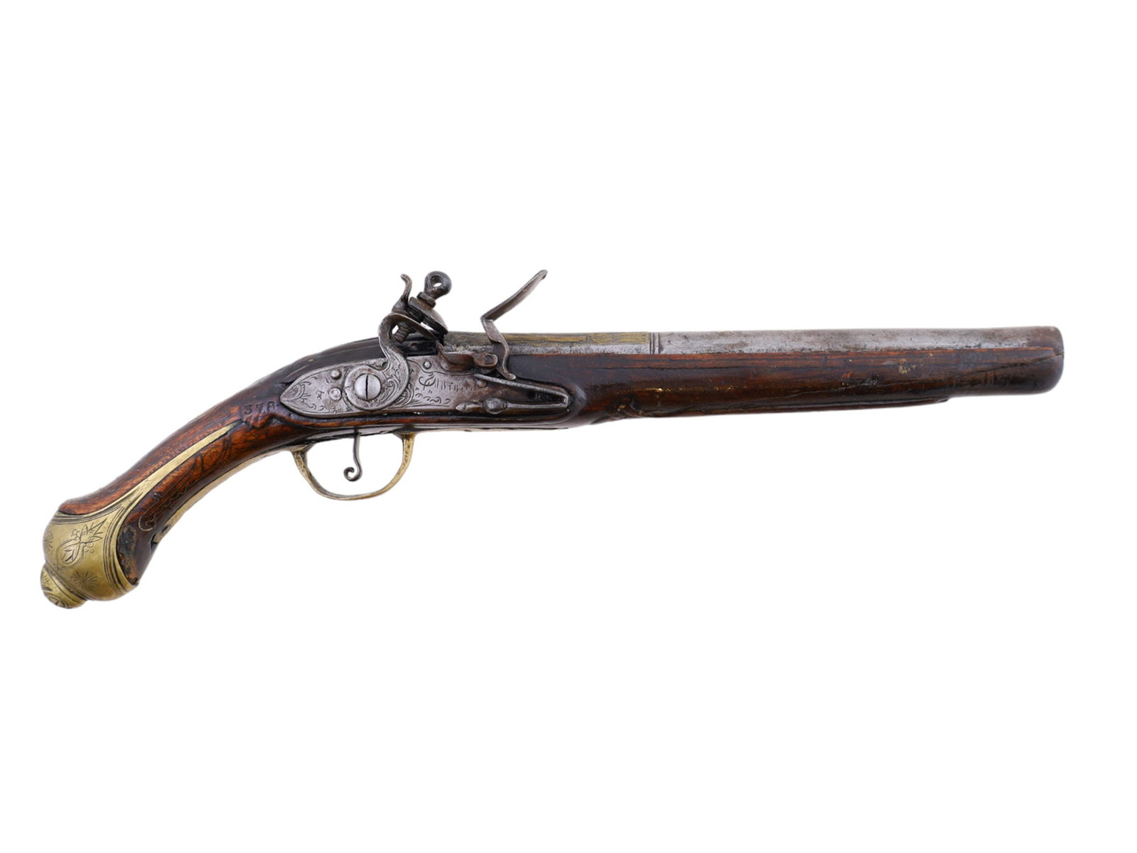 AN OTTOMAN (TURKISH) FLINTLOCK PISTOL, 19TH CENTURY: An Ottoman/Turkish single-shot, smooth-bore flintlock pistol with brass mounting. Octagonal to round, pin-fastened, swamped, iron barrel with decorative inlay along the octagonal section. Retains its 