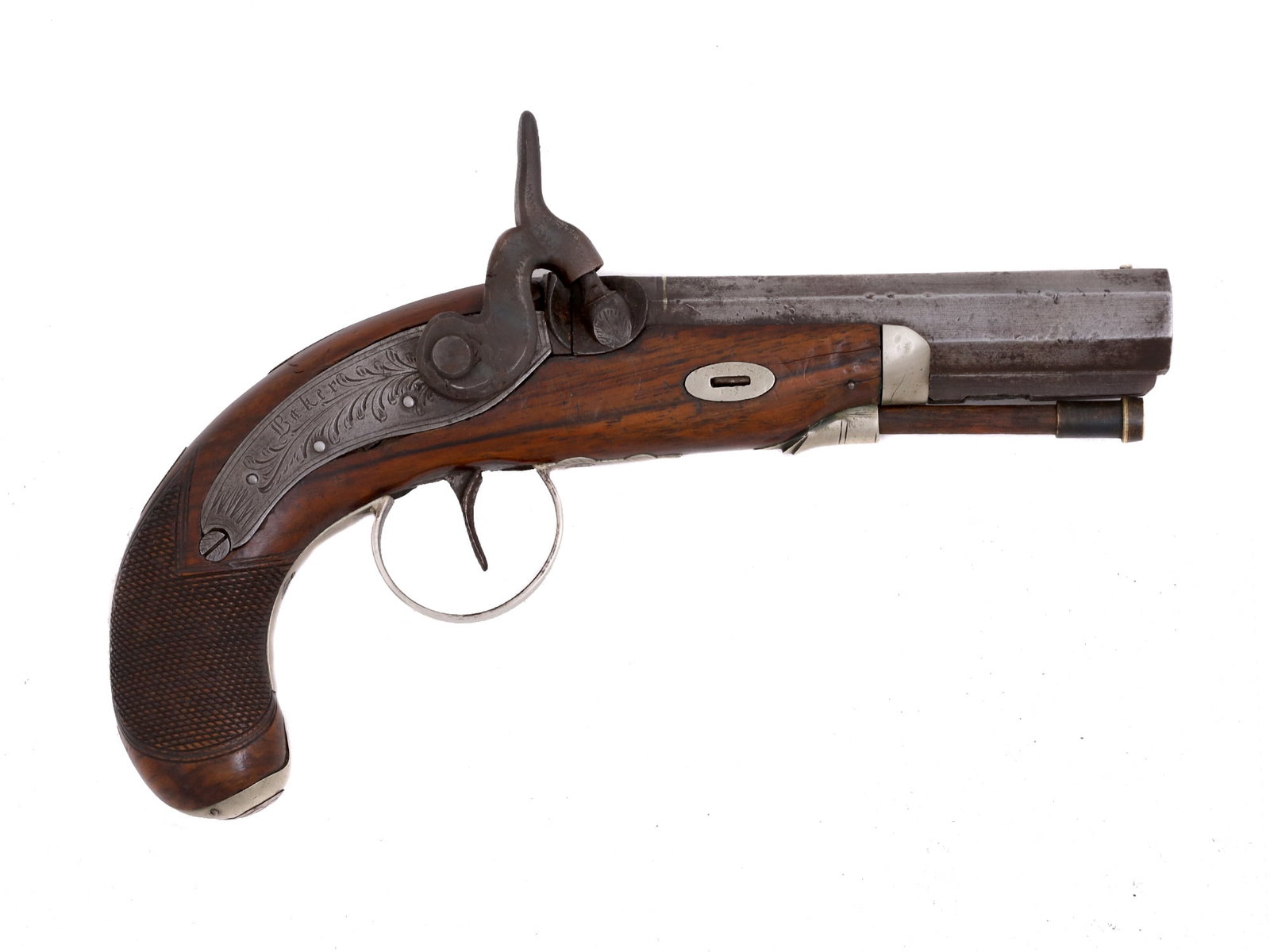 A BAKER PERCUSSION PISTOL WITH A LONDON MARK, CA. 1860: A 19th-century officer's percussion pistol by Baker of London with sighted 15cm octagonal barrel. Engraved on the barrel is "London", the city of manufacture, and engraved on the lockplate is "Baker",