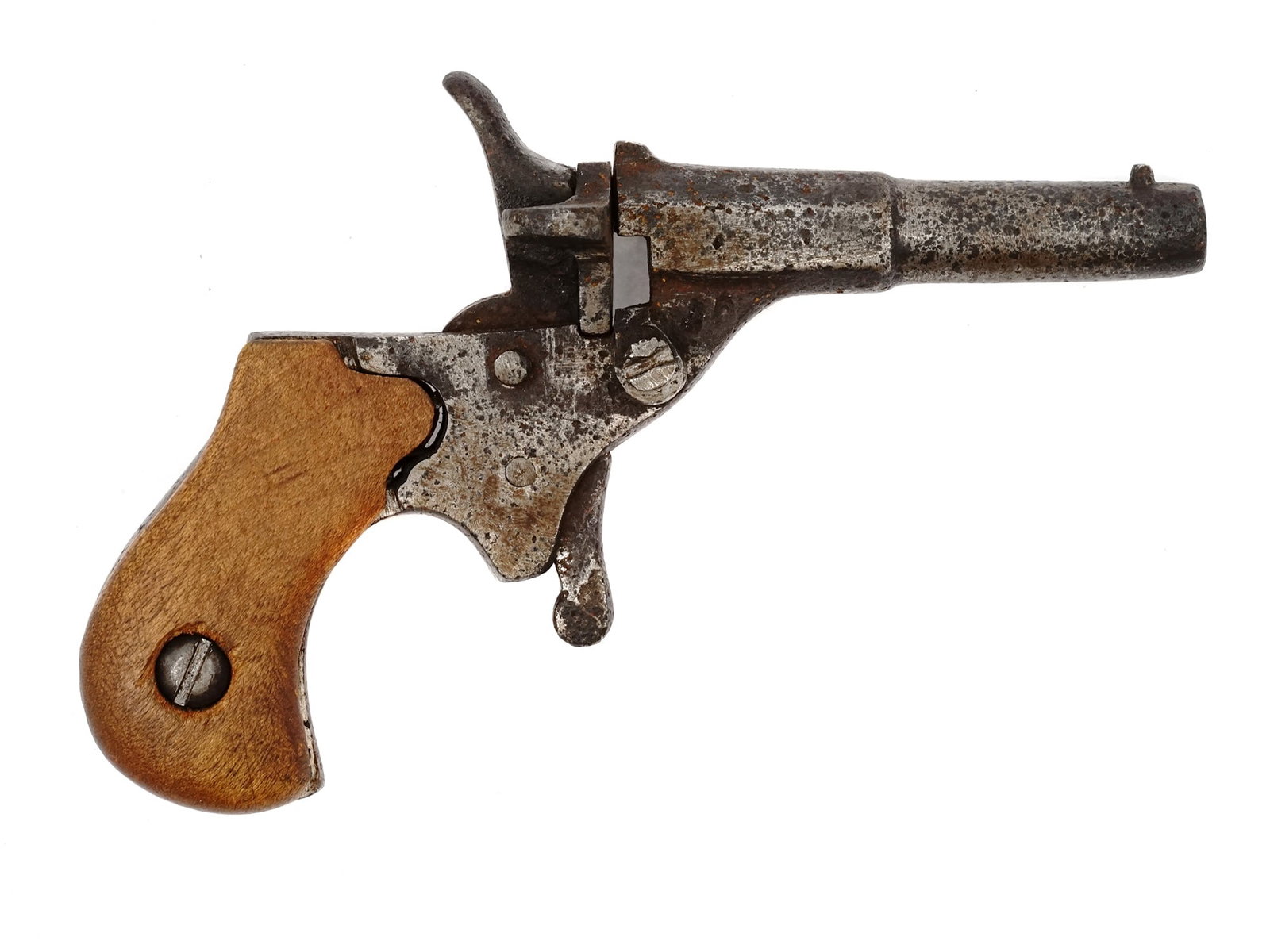 A FLOBERT MODEL 500 BLANK STARTER/CAP PISTOL: This little Flobert Blank Pistol is especially constructed for the .22 cal. American Blank Cartridge. Octagon to round barrel. Markings on breech plate and underside of the barrel. America, 19th Centu