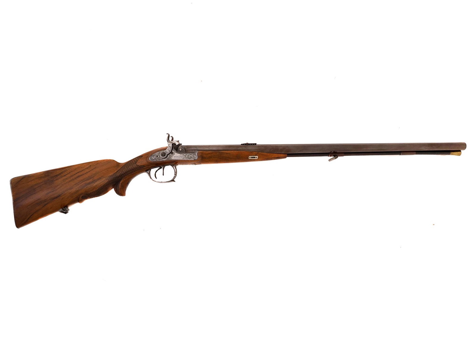 A VIENNA DOUBLE-BARREL SHOTGUN BY JEAN BAPTISTE MISSILLIEUR, 19TH CENTURY: 12-bore side-by-side shotgun by Jean Baptiste Missillieur a Vienne signed on the lock plate and the breech. The left barrel is a flatbore the right one is bored. The lock plate is engraved and marked 