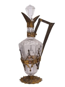 A DANISH SILVER FILIGREE AND GLASS CLARET JUG WITH ENAMEL CROSSES