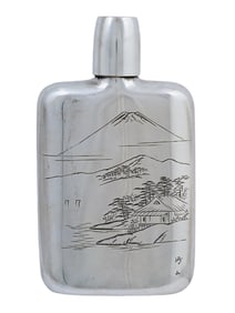A JAPANESE STERLING SILVER FLASK WITH ENGRAVED LANDSCAPE WITH SHOT GLASS CAP