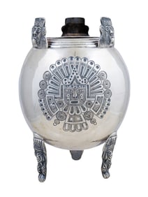 AN ART DECO MEXICAN STERLING SILVER VASE WITH AZTEC MOTIFS