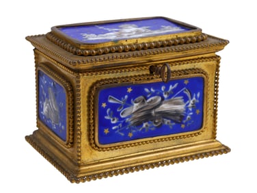 A FRENCH ENAMELED BRONZE LOCKBOX WITH KEY, SIGNED MAISON GELLER, 19TH CEN.