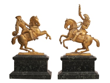 A PAIR OF VIKTOR TILGNER SIGNED GILT-BRONZE MOUNTED HUNTERS ON MARBLE BASES, 19TH CEN.
