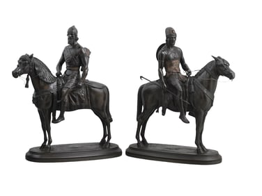 A BRONZE PAIR OF MOUNTED WARRIORS, SIGNED GUILLEMIN, 19 C.