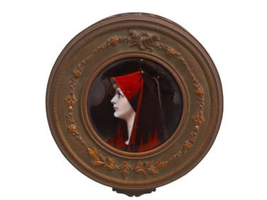 A CIRCULAR GLASS BOX WITH LIMOGES ENAMEL PORTRAIT OF SAINT FABIOLA, 19TH CEN.