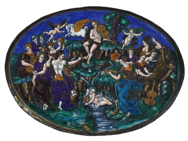 A LIMOGES PAINTED ENAMEL TRAY WITH MYTHOLOGICAL SCENE, 19TH CENTURY