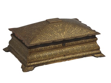 AN INDO-PERSIAN GOLD DAMASCENED STEEL BOX, 19TH CENTURY