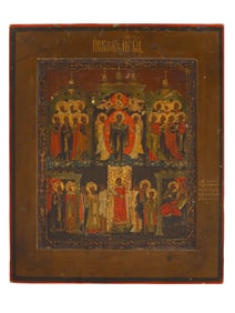 A RUSSIAN ORTHODOX TEMPERA ON WOOD ICON OF POKROV, 18TH CENTURY