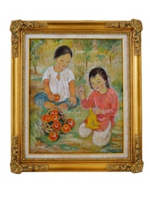 A GOUACHE ON SILK PAINTING "CHILDREN" BY LE THI LUU
