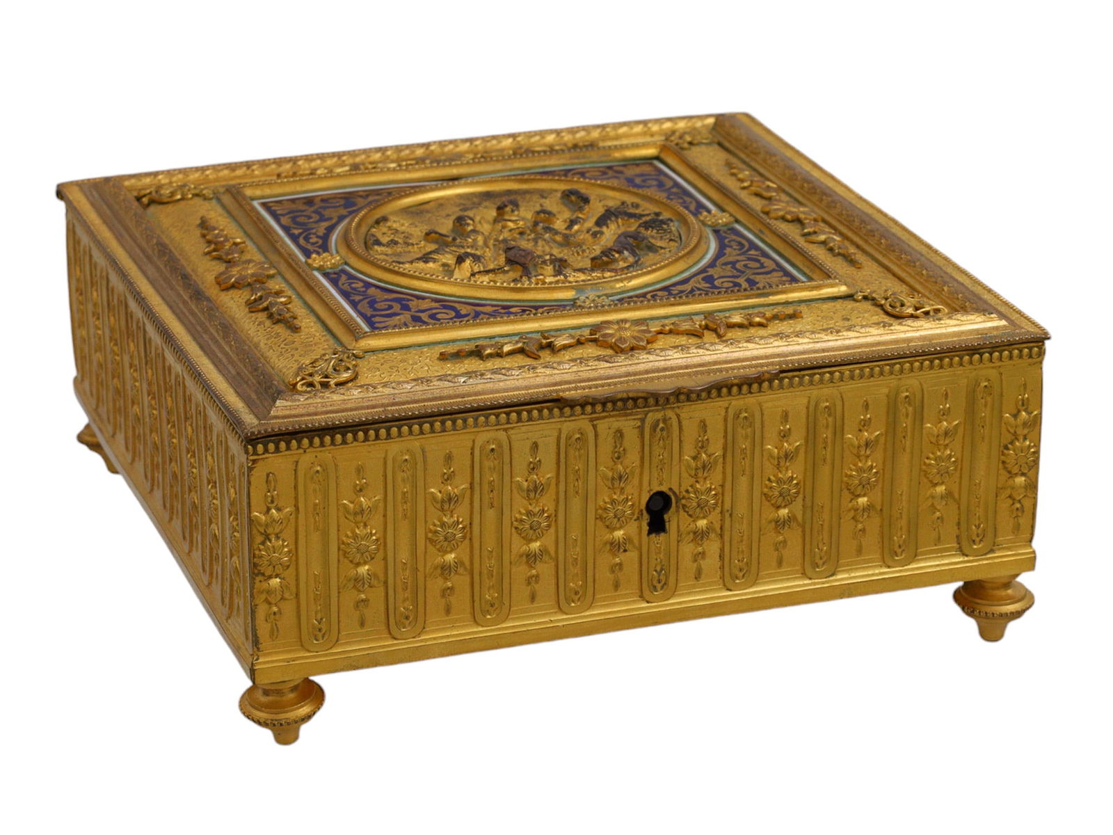 A FINELY DECORATED GILT-BRONZE BOX WITH BLUE ENAMEL, FRANCE, 19TH CEN. (1 of 5)
