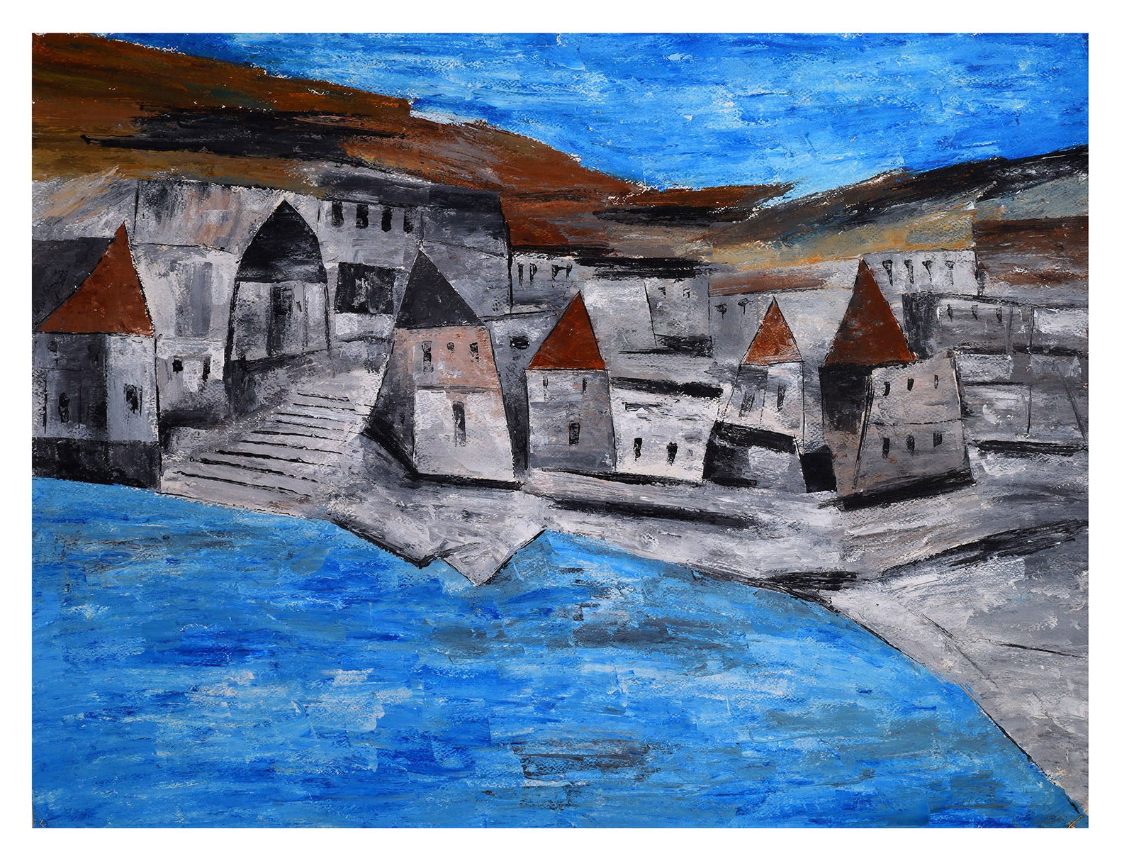 A RAM KUMAR ATTR., INDIAN, MIXED MEDIA ON PAPER PAINTING, 1997: Ram Kumar (Indian, 1924 - 2018), acrylic on paper painting depicting an abstract expressionist townscape, 1997. Signed and dated on the backside. Note: Born in 1924 in Simla, Ram Kumar was among India