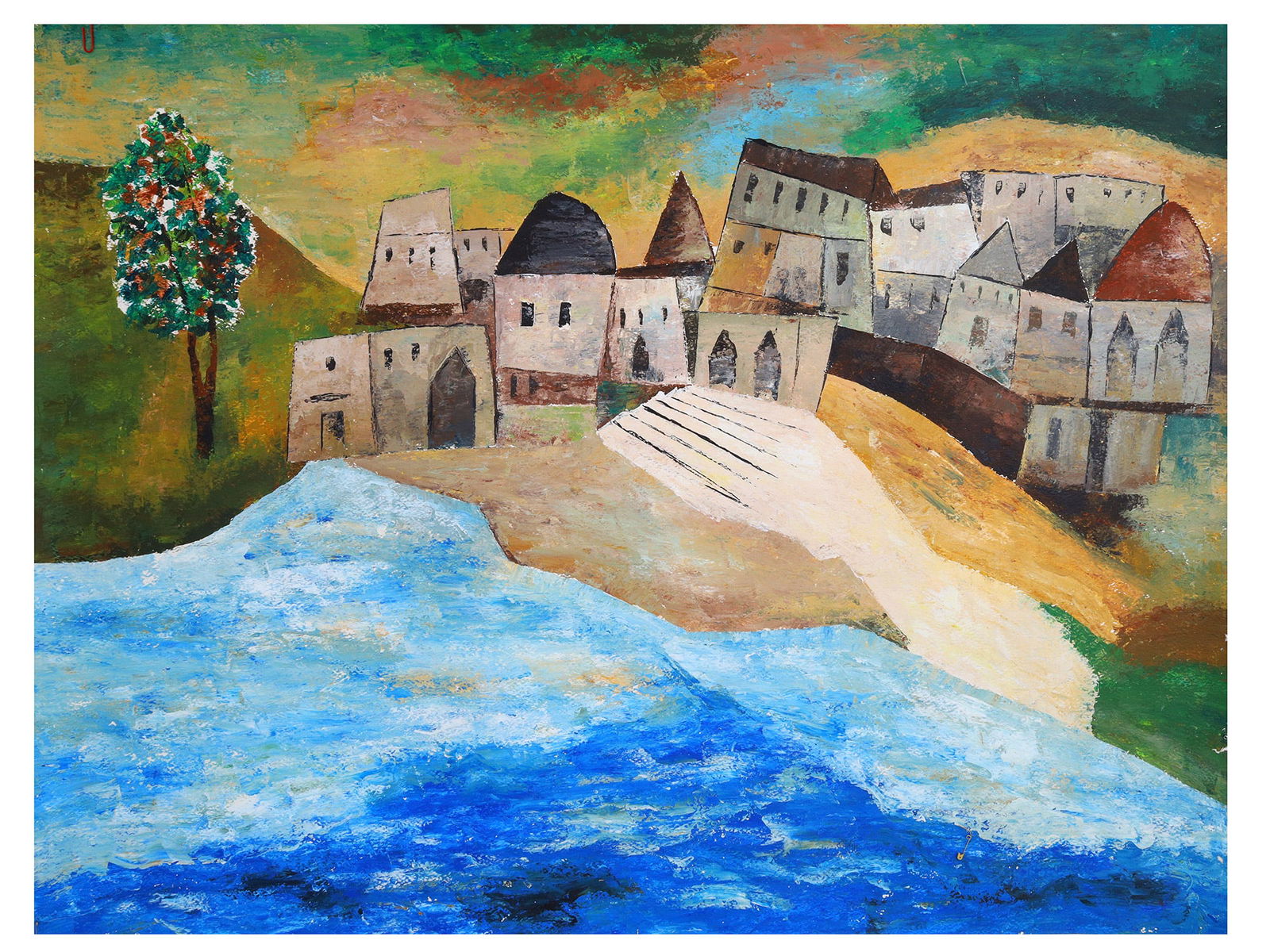 A RAM KUMAR ATTR., INDIAN, MIXED MEDIA ON PAPER PAINTING, 1997: Ram Kumar (Indian, 1924 - 2018), acrylic on paper painting depicting an abstract expressionist townscape, 1997. Signed and dated on the backside. Note: Born in 1924 in Simla, Ram Kumar was among India