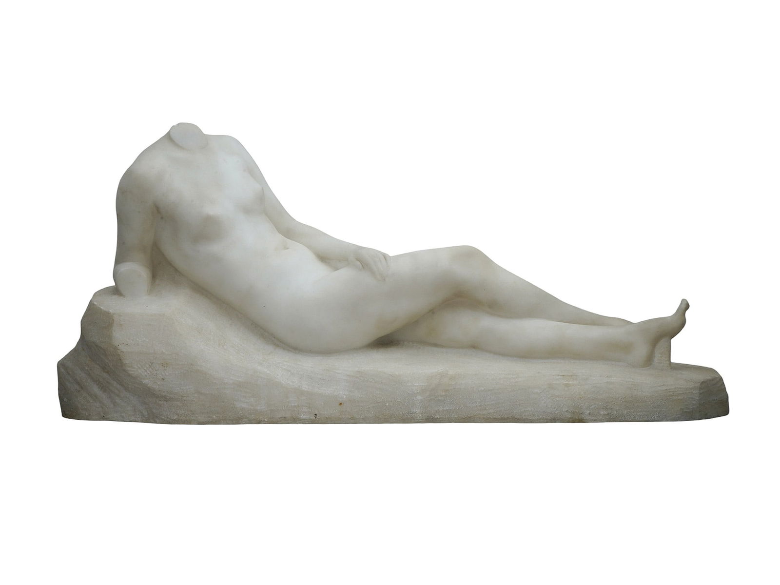 A MAX KALISH, AMERICAN, CARVED MARBLE STATUE OF A RECLINING NUDE: Max Kalish, a carved marble figure of a reclining nude woman without a head. The figure has a carved signature 'Kalish' on the base. Max Kalish (1891-1945) was a Polish-born American sculpture. He stu
