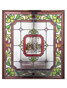 A CONTINENTAL STAINED-GLASS WINDOW WITH MEDIEVAL HORSEMEN, CA. 19TH CEN.