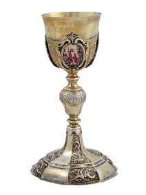 A GILT-SILVER COMMUNION CHALICE WITH 3 PAINTED ENAMEL MINIATURES, 19TH CEN.