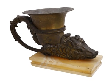 A GILT CAST-BRONZE OIL LAMP IN THE SHAPE OF A RHYTON, FRANCE, 19TH CEN.