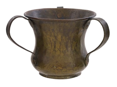 A RUSSIAN HAND-HAMMERED BRASS THREE-HANDLED WEDDING CUP, 19TH C.
