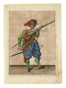 A MUSKETEER LOADING HIS WEAPON, DE GHEYN II, CA. 1607