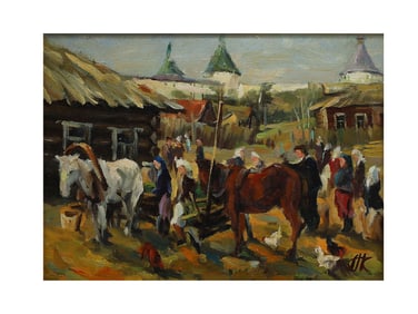 A ANDREY KULAKOV OIL PAINTING A MARKET IN PSKOV, 1994