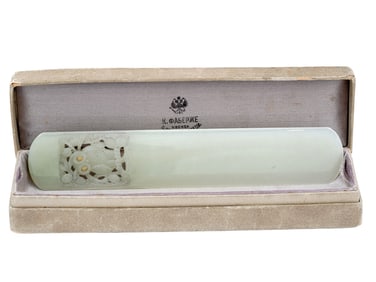 AN ANTIQUE JADE OWL LETTER OPENER IN FABERGE BOX, CA. 1900