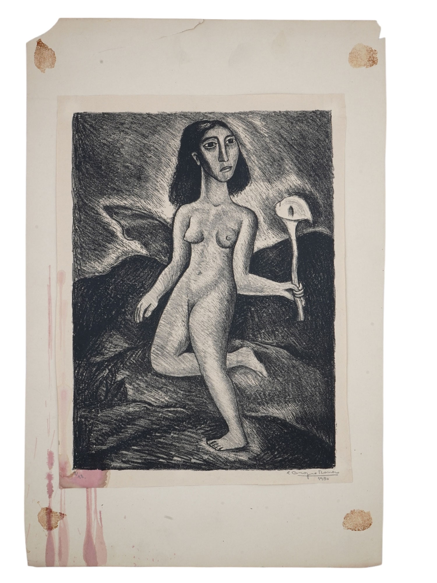 A CARLOS OROZCO ROMERO, MEXICAN, SIGNED LITHOGRAPH PRINT OF A NUDE FEMALE, 1930: Carlos Orozco Romero (Mexican, 1898 - 1984) lithograph print depicting a nude female with a flower in a landscape, numbered lower left 1/18. Hand-signed by the artist 'C. Orozco Romero' and dated 1930