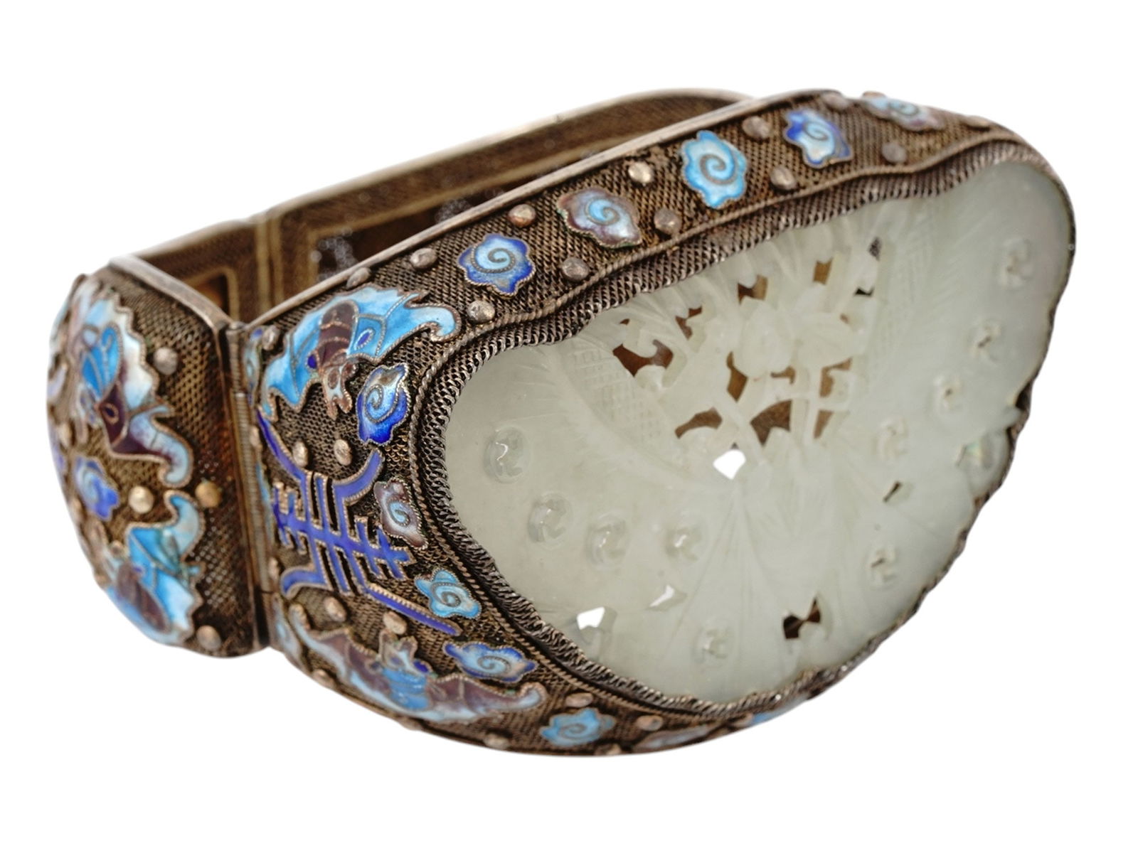 A CHINESE CARVED JADE AND CLOISONNE ENAMEL BRACELET, 19TH CEN. (1 of 5)