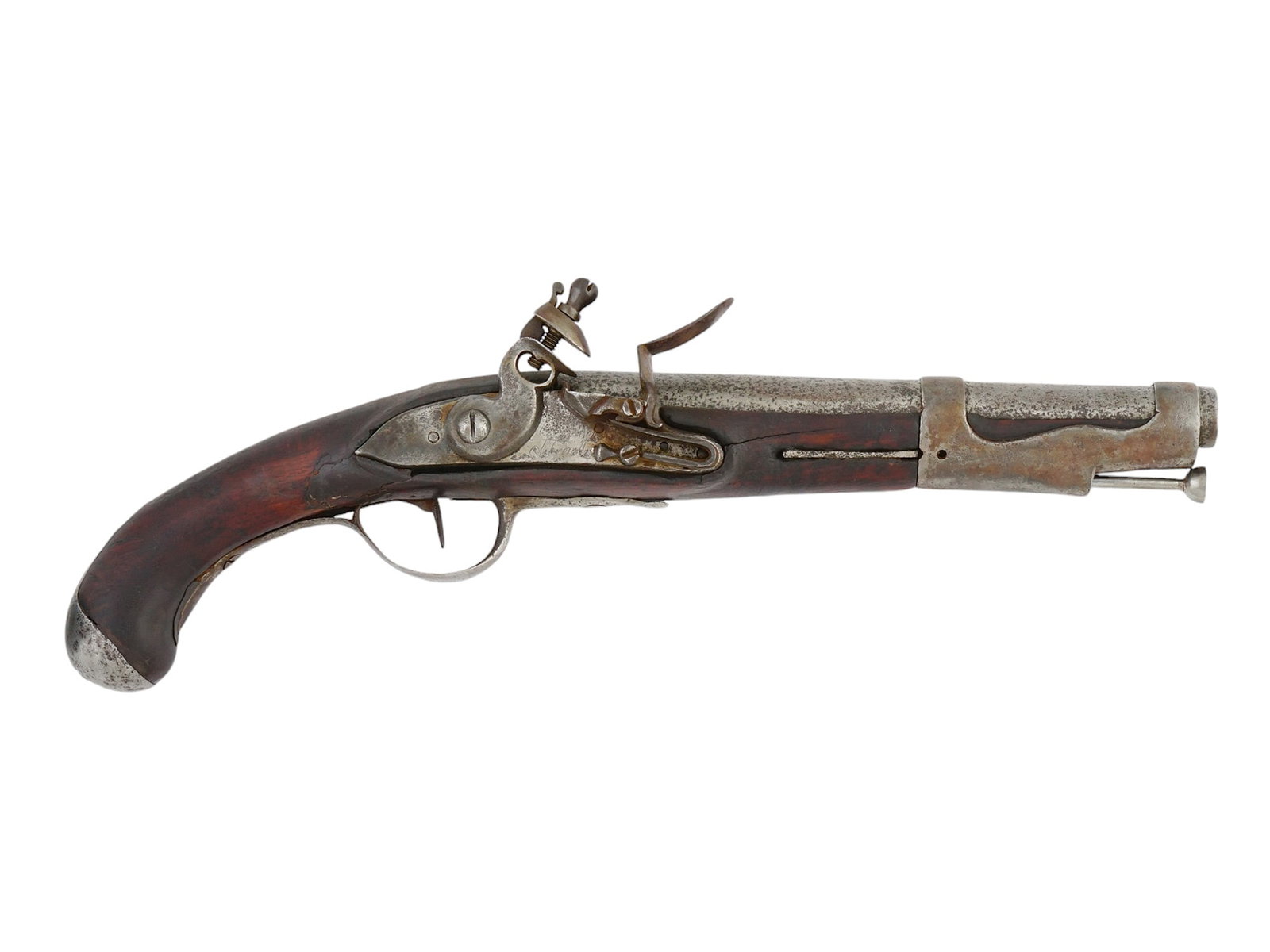 A FLINTLOCK PISTOL, PROBABLY FRENCH, EARLY 19TH CENTURY: A nicely made flintlock pistol with robustly connected barrel bands and its original metal ramrod. The mechanism of this pistol still works well. The lockplate has an inscription, partially obscured b