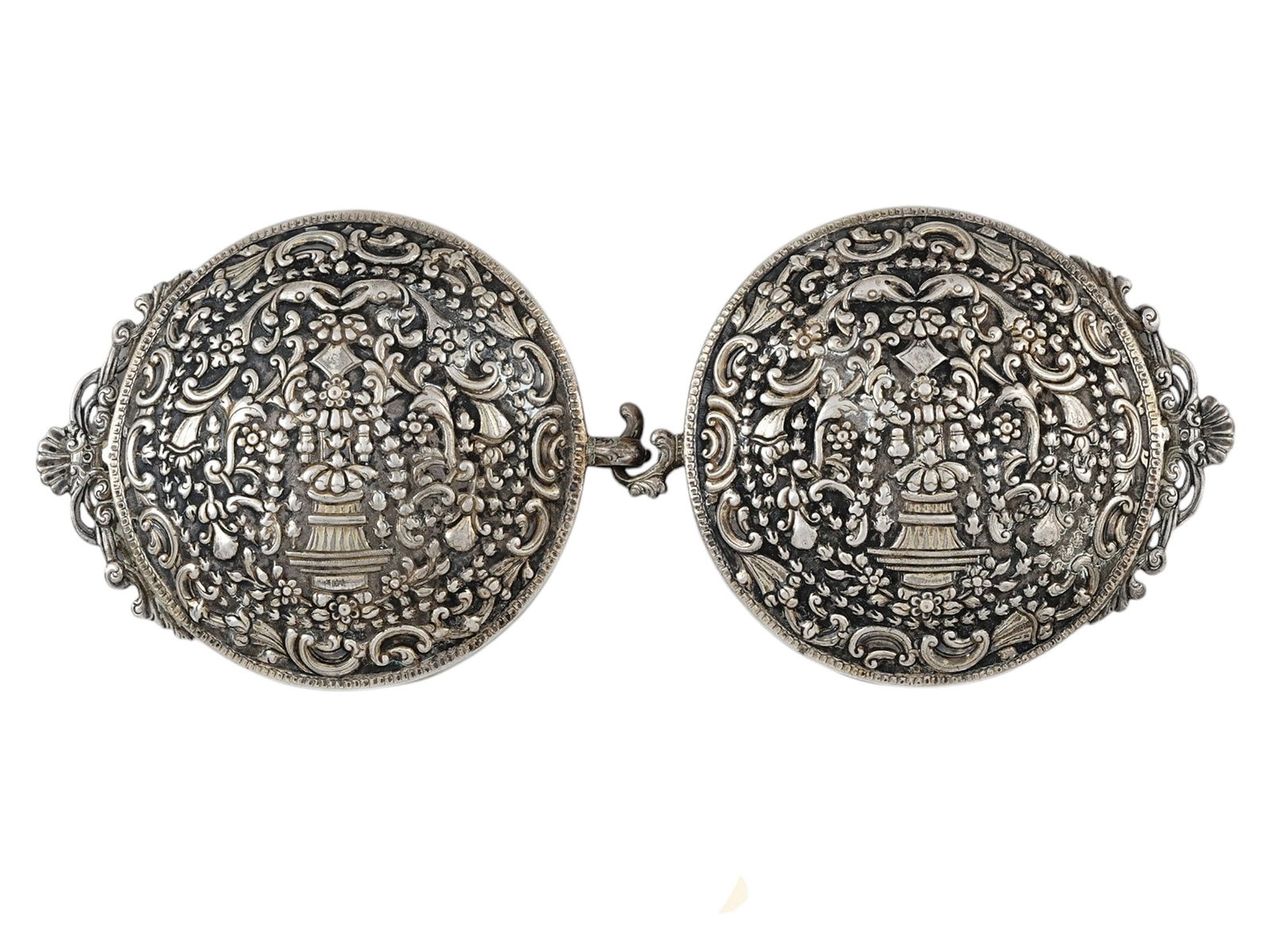 A LARGE GREEK OR OTTOMAN REPOUSSE SILVER BELT BUCKLE, 19TH CEN. (1 of 2)