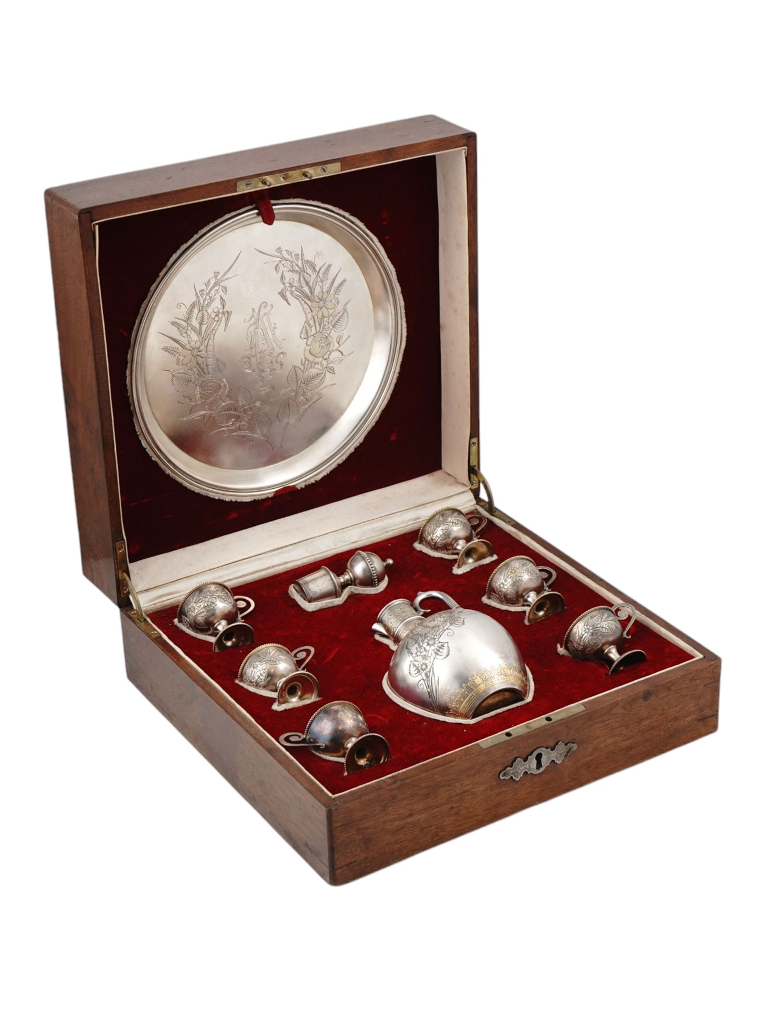 A RUSSIAN CASED SILVER VODKA SET BY FABERGE, MOSCOW, C. 1890 (1 of 16)