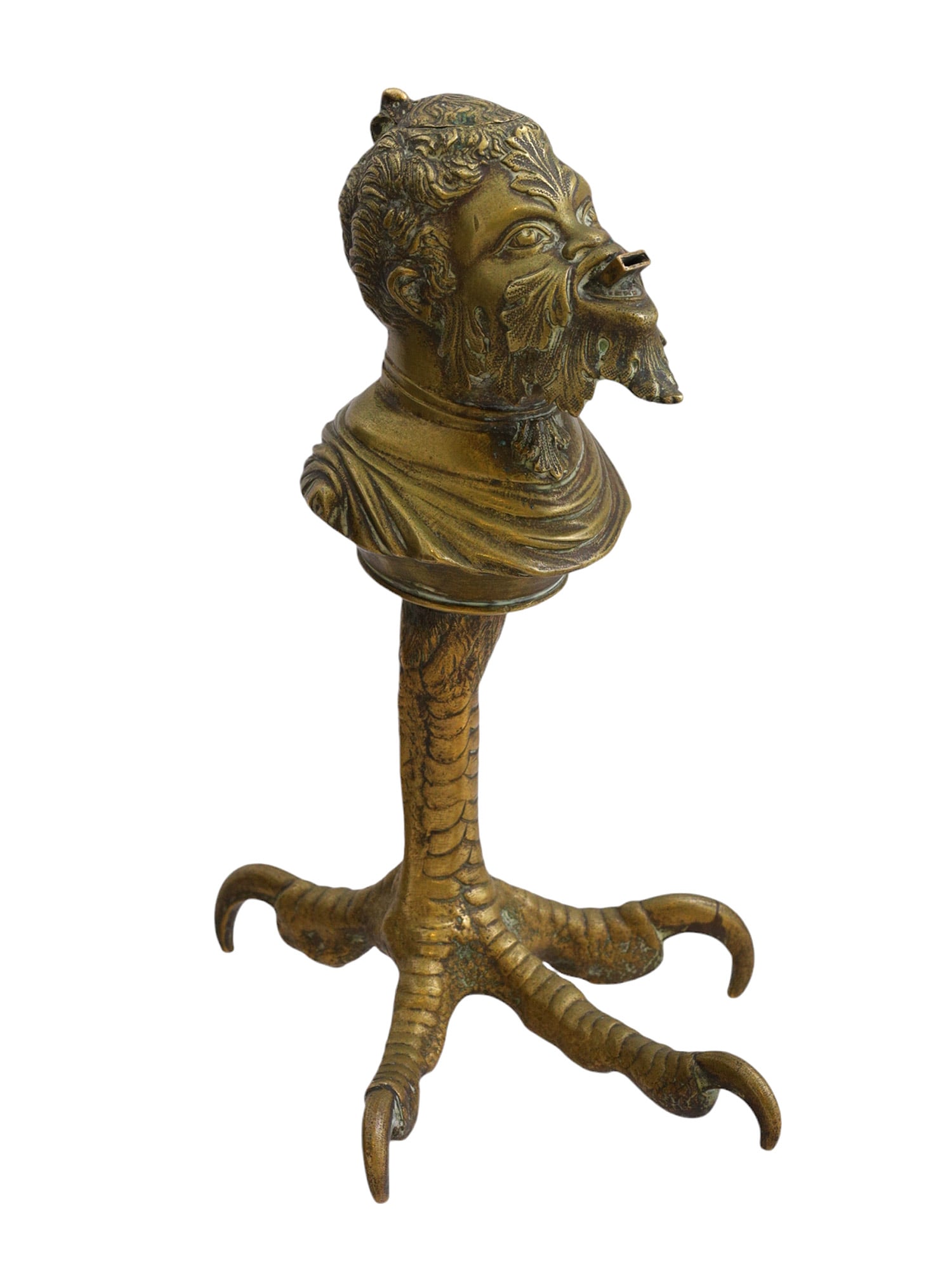 A GILT BRONZE OIL LAMP IN THE SHAPE OF A GREEK SATYR BUST, 19TH CEN. (1 of 3)