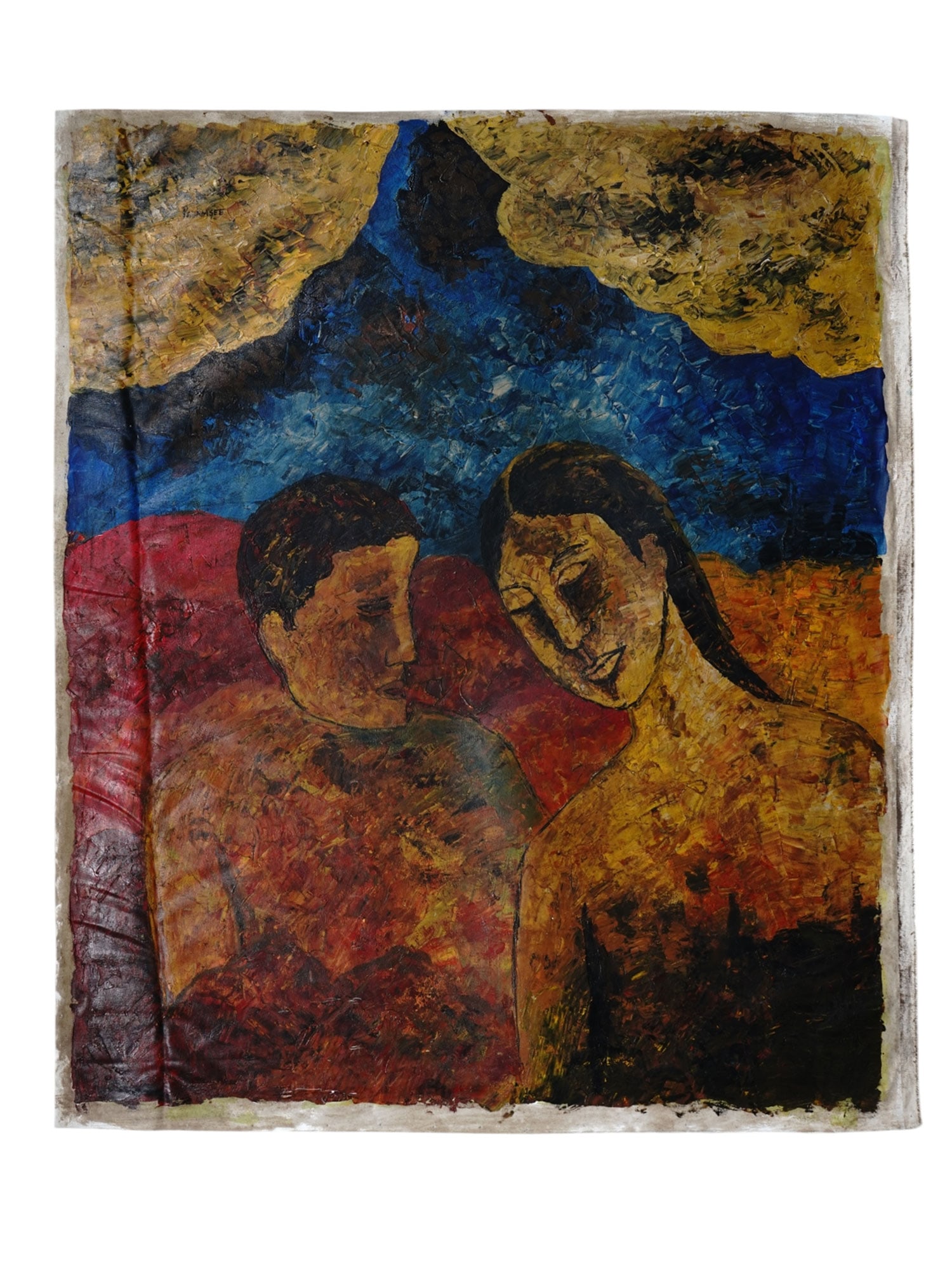 AN OIL ON CANVAS PAINTING ATTR TO AKBAR PADAMSEE: An oil on canvas painting depicting a male and female, attributed to Akbar Padamsee. Provenance: according to the late collector and owner's son, the artwork is a part of the owner's late father's inh